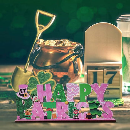 St Patricks Day Decor for Table Happy St Patrick's Day Decoration Wooden Centerpieces Rustic Farmhouse Sign for Tabletop Home Shelf Office St Patricks Day Party Decoration Pink