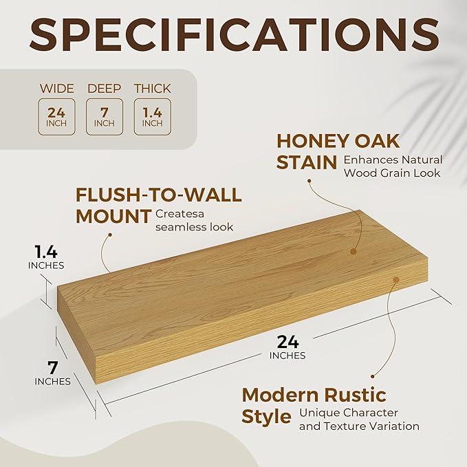 Dreamland 24 Inches Floating Shelves for Wall, 6.7 Inch Deep Floating Shelves Set of 2, Large Display & Storage Shelf, Wall Shelf for Bathroom Bedroom Living Room Kitchen Office,Oak