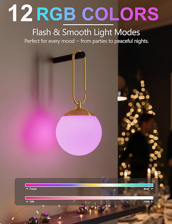 Battery Operated Wall Sconces Set of 2, Black & Gold Wireless Hanging Opal Glass Globe Wall Lamp with Touch & Remote, 12 RGB Colors & 3 Color Modes, Rechargeable Dimmable Wall Light for Bedroom