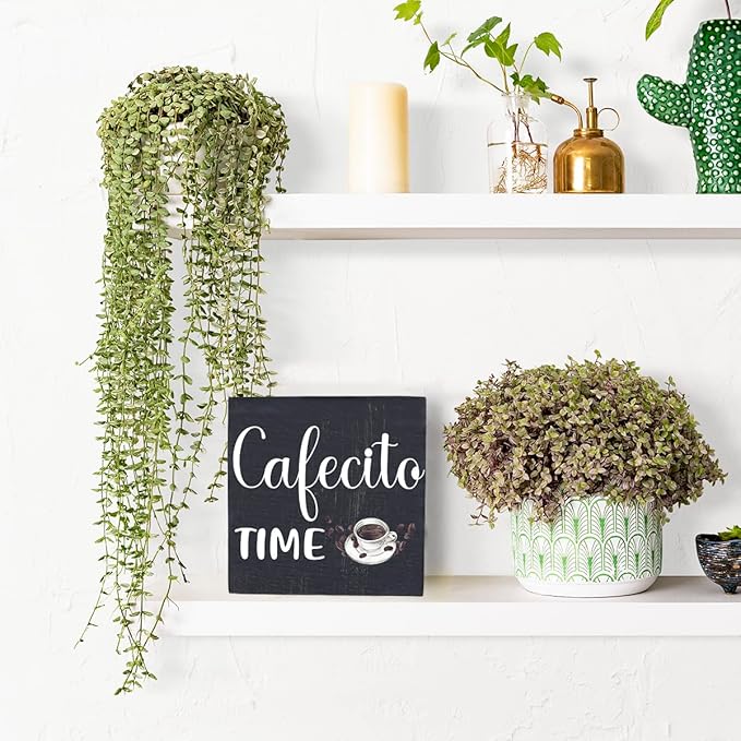 HTBIG Wooden Decorative Box Sign - Rustic Black Coffee Themed Sign - 5.1 x 5.1 x 1.2 inches - Perfect for Home, Office, or Gifting