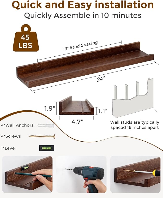 Axeman Oak Picture Ledge Shelf, 24 Inch Floating Shelves Set of 2, Solid Oak Wood Wall Shelves with Lip, Wall Decor Storage for Bedroom Living Room Bathroom Kitchen Nursery Photo Picture, Walnut