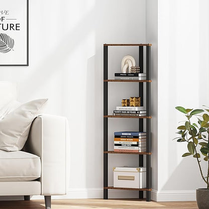 TUTOTAK Corner Shelf, 5-Tier Corner Bookshelf for Small Space, Narrow Display Corner Shelf Stand with Storage Rack, for Living Room, Bedroom, Rustic Brown BS05BB005