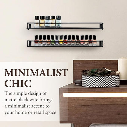 MyGift 16 Inch Wall Mounted Black Metal Nail Polish and Essential Oil Display Shelves, Kitchen Hanging Racks for Seasoning Shakers or Spice Jars, Set of 5