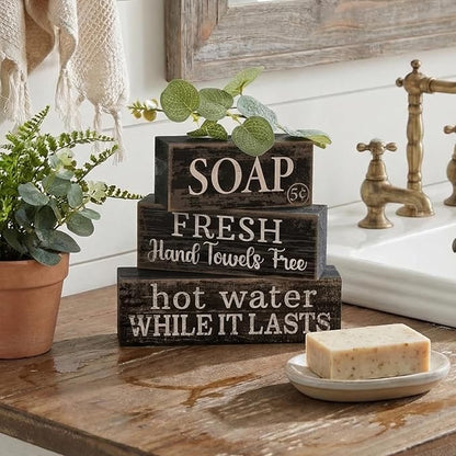 4 Pcs Bathroom Shelf Decor Sign Farmhouse Bathroom Decor and Accessories Rustic Eucalyptus Leaves Block Sign Soap Fresh Hand Towel Free Table Centerpiece for Home Toilet Hotel Campsite