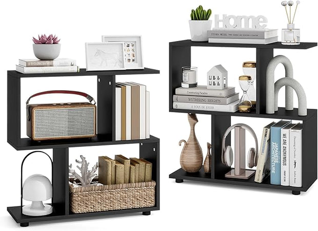 LOKO 3-Tier Geometric Bookshelf Set of 2, S-Shaped Open Bookcase, Freestanding Decorative Storage Shelving, Home Storage Organizer for Living Room, Bedroom, Home Office (2, Black)
