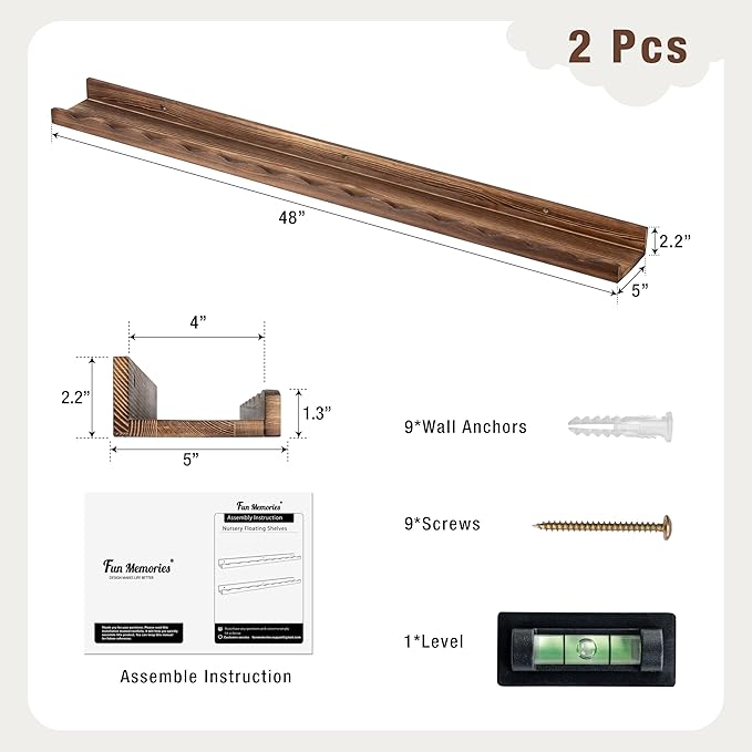 Fun Memories Picture Ledge Shelf for Wall, 48 inch Pine Wood Nursery Book Shelves Set of 2- Wall Book Shelves for Kids Room, Home Decor - Kitchen Spice-Carbonized