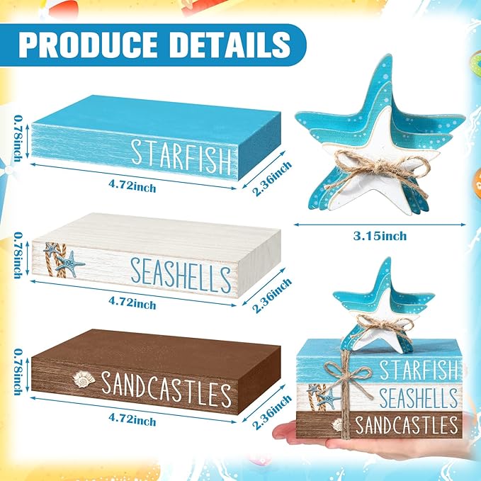 Geelin 4 Pcs Summer Beach Tiered Tray Decor Wooden Book Stack Signs, Starfish Seashell Coastal Nautical Table Centerpiece for Shelf Coffee Bar Home Kitchen Beach House Decorations
