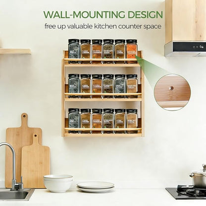 Bamboo Spice Rack Organizer, 3 Tier Spice Jars Storage Rack with Handles, Seasoning Shelf for Kitchen Counter or Wall