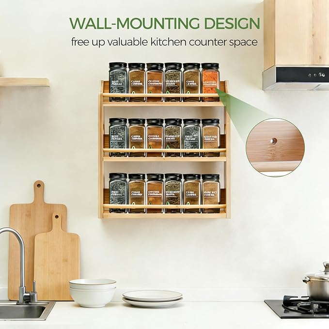 Bamboo Spice Rack Organizer, 3 Tier Spice Jars Storage Rack with Handles, Seasoning Shelf for Kitchen Counter or Wall