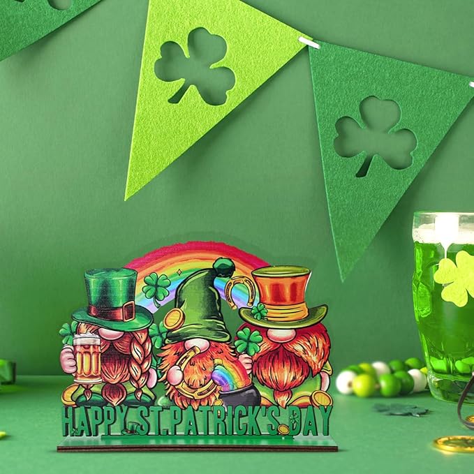 St Patricks Day Decor for Table Irish Green Gnome Decoration Wooden Centerpieces Rustic Farmhouse Sign for Tabletop Home Shelf Office St Patricks Day Party Decoration