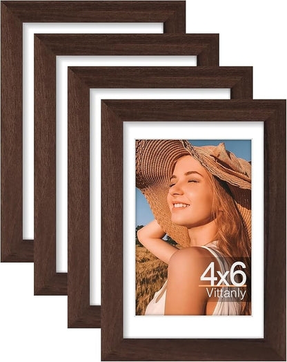 Vittanly 4x6 Picture Frame Set of 4, Display Pictures 3.5x5 with Mat or 4x6 without Mat, Engineered Wood with Shatter Resistant Plexiglass, Small Photo Frames for Wall or Tabletop Display, Brown