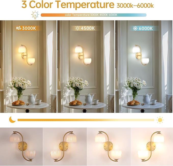 Battery Operated Wall Sconce, 2-Lights Vinatge Brass Wall Lighting Up and Down with White Tulip Shade for Living Room, Bedroom, Symmetrical 2 Pack