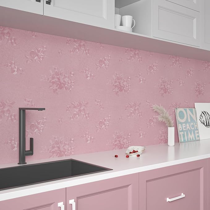 CHIHUT Pink Floral Wallpaper Stick and Peel 12"x100" Pink Embossed Flower Contact Paper Self Adhesive Removable Wallpaper for Renters Waterproof Solid Wall Paper for Drawers Walls Vinyl Roll
