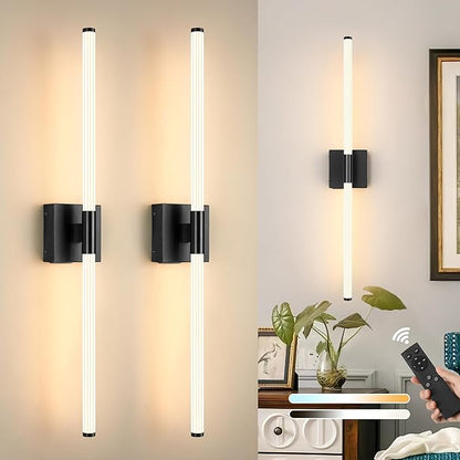 32 Inch Battery Operated Wall Sconces Set of 2, Black Dimmable Rechargeable Wall Sconces with Remote, 3 Color 360° Lighting Sconce, Modern LED Wireless Wall Light for Bedroom, Living Room