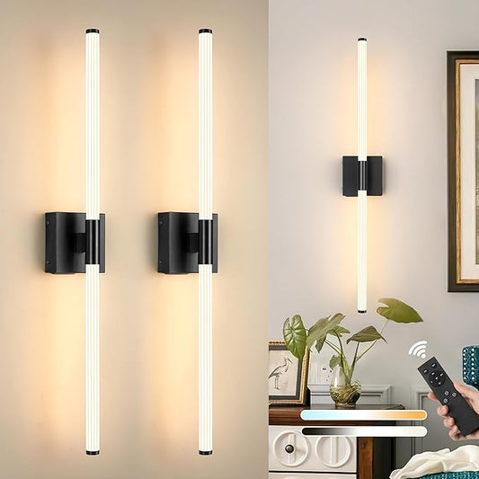 32 Inch Battery Operated Wall Sconces Set of 2, Black Dimmable Rechargeable Wall Sconces with Remote, 3 Color 360° Lighting Sconce, Modern LED Wireless Wall Light for Bedroom, Living Room