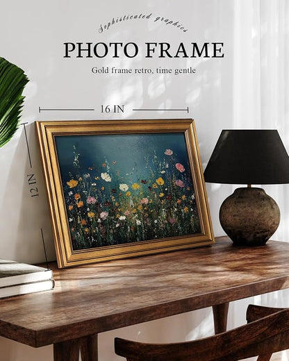 VIYYIEA Gold Framed Art Prints,12x16Inch, Wildflower Floral Vintage Art Painting, Moody Maximalist Decor for Library Bathroom Dining Room Shelf, Rustic Farmhouse Canvas Blue Picture