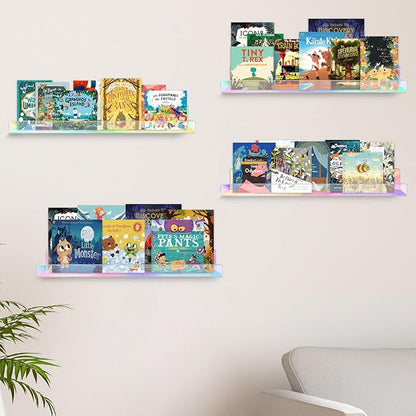 Dezzer 6 Pack Acrylic Shelves for Wall, 15" Acrylic Floating Shelves for Bathroom Bedroom, Invisible Bookshelf Wall Ledge Storage Shelf Books Perfume Toys Action Figure Display Shelves, Iridescent