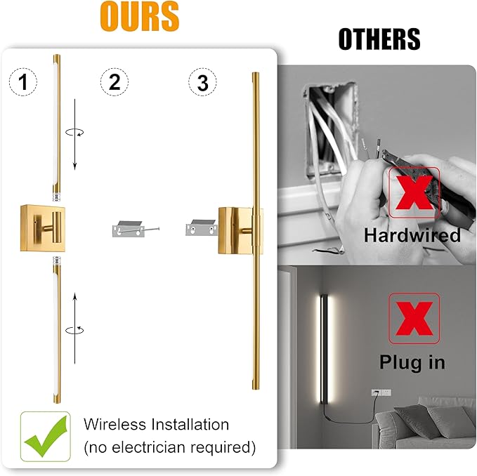 Gold Battery Operated Wall Sconce Single, Rechargeable Wall Sconce with Remote, Dimmable Sconce Wall Light, 24 Inch LED Wireless Wall Light for Background Wall, Bedroom,Living Room