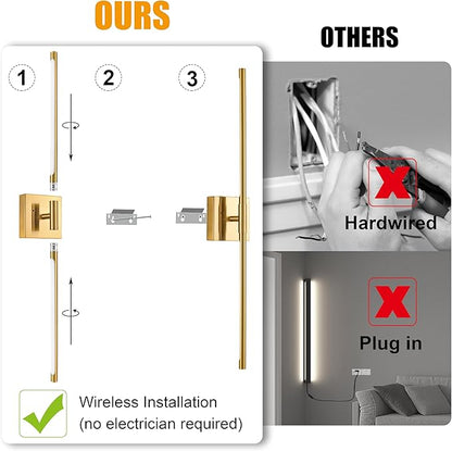 30″ Gold Battery Operated Wall Sconces Set of 2, Dimmable Wall Sconces with Remote Control, Rechargeable Sconces Wall Lighting, LED Wireless Wall Lights for Bedroom, Living Room, Bathroom