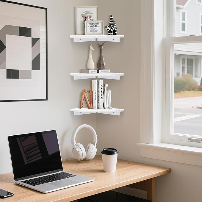 Lamapggio Corner Floating Shelves with Double Support Brackets, 3 Pack Wood Wall Mount Round Display Shelf for Bedroom, Living Room, Bathroom