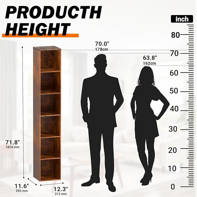 Bookshelf,6 Cube Storage Organizer, 6 Tier Cube Low Bookcase Freestanding Storage Display Organizer, Six-Cubes Open Shelf Bookshelf for Home Office (Retro Brown, 6-Cube)