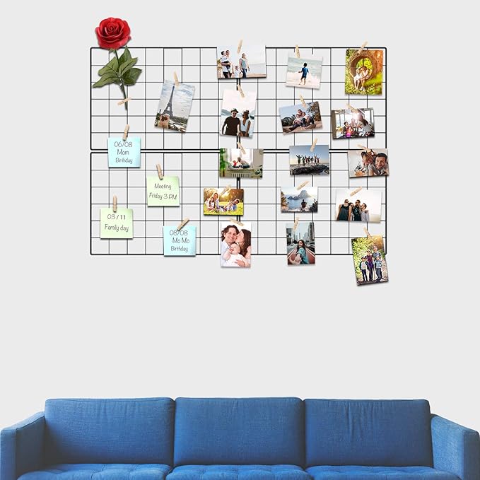 Wire Wall Grid Panel for Photo Display, DIY Iron Picture Frames Collage For Hanging Wall Decor, Foldable Multi Pictures Organizer with 12 Clips, 28'' X 22'' Inch.(2 Pack)