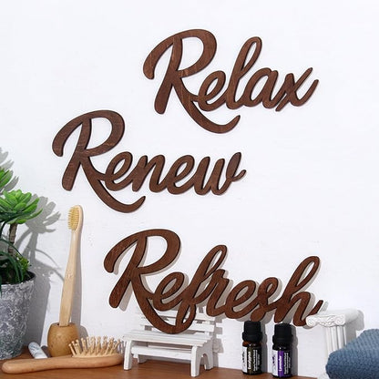 3 Pieces Bathroom Decor Wooden Bathroom Sign,Relax Renew Refresh Sign (Brown)