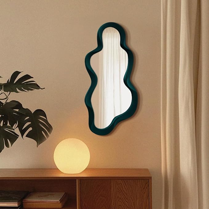 13.8x29.7 Big Decorative Mirror for Girly Bedroom Dresser Decor, Abstract Wavy Wall Mirrors for Home Book Coffee Shop Hotel Decoration, Unique Gift for Birthday Thanksgiving (Dark Green)