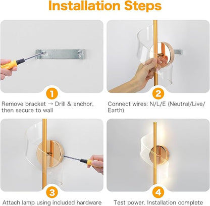 Modern LED Wall Sconce - 12" Height Spiral Wall Lamp with Acrylic Shade - 3000K 4000K 6000K Indoor Hardwired Wall Fixture for Bedroom Living Room Hallway Corridor (Gold 1pack)