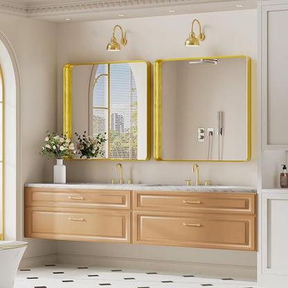 Koonmi Gold Wall Mirror for Bathroom, 29x29 Inch Matte Deep Framed Rounded Rectangle Vanity Mirror for Farmhouse Living Room, Tempered Glass, Anti-Rust, Vertically or Horizontally