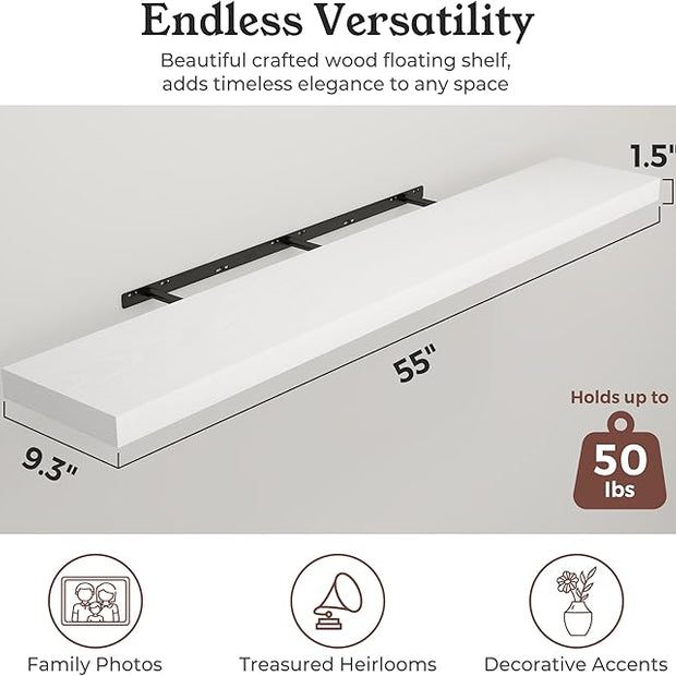 Floating Shelves for Wall, 9.3" Deep Wall Mounted Wood Shelves for Bathroom, Bedroom (White, 55)