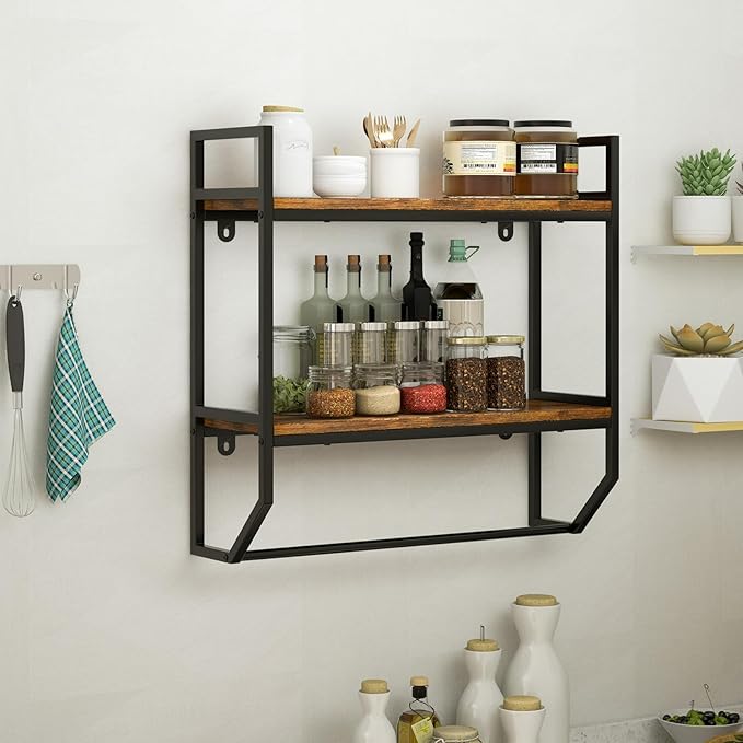 Giantex Wall Mounted Bathroom Shelves with Towel Bar, Industrial 2-Tier Over The Toilet Storage Organizer with Metal Frame, Wooden Wall Shelves, Floating Shelves for Bathroom, Kitchen, Living Room