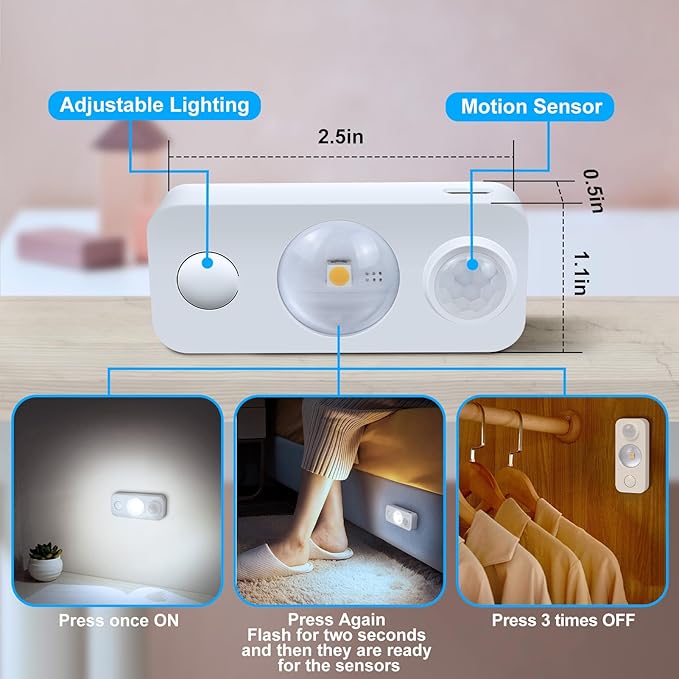LED Motion Sensor Puck Lights, Rechargeable Cabinet Lights, Stick on Wireless LED Night Light for Closet, Drawer, Shelf, Under Cabinet, Daylight White 6Pack, USB Charging Cord Included