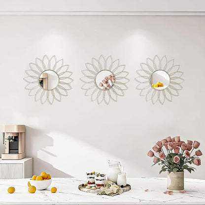 3 Pack Metal Mirrors for Wall Sunburst Wall Mirrors Home Décor Decorative Hanging Wall Art for Living Room Bedroom Entryway (Silver2, Flowers)