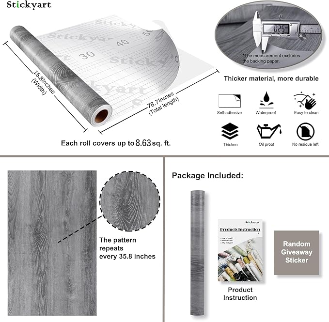 Stickyart Grey Wood Wallpaper Peel and Stick Vintage Contact Paper Wood for Cabinets Grey Wood Vinyl Wallpaper Self Adhesive Wood Wall Paper Stick on Table Desk Drawer Waterproof Removable 15.8"x80"