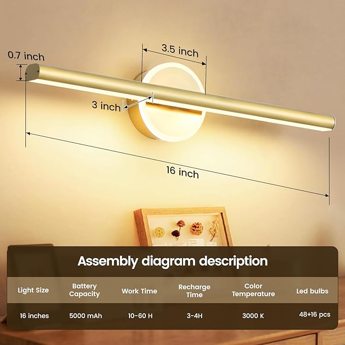 Wireless Picture Light, 16 inches Art Wall Light, Picture Light Battery Operated,Battery Operated Wall Lights,Gallery Light for Painting,Photo,Library(Plating Brass Gold)