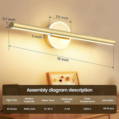 Wireless Picture Light, 16 inches Art Wall Light, Picture Light Battery Operated,Battery Operated Wall Lights,Gallery Light for Painting,Photo,Library(Plating Brass Gold)