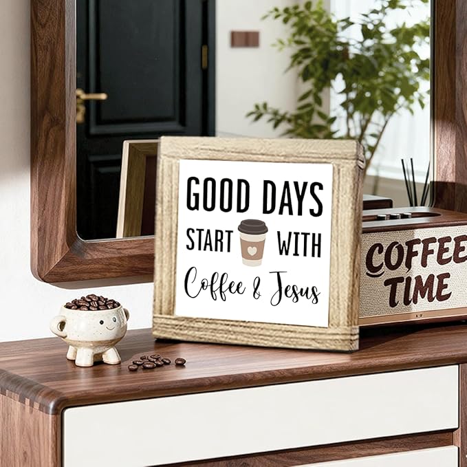 Coffee Sign Decor for Coffees Bar Good Days Start with Coffee & Jesus Wood Farmhouse Wall Sign Inspirational Cafe Bar Decor for Kitchen Home Office Ideal Gift To Christian Coffees Lover 5.9x5.9 Inch