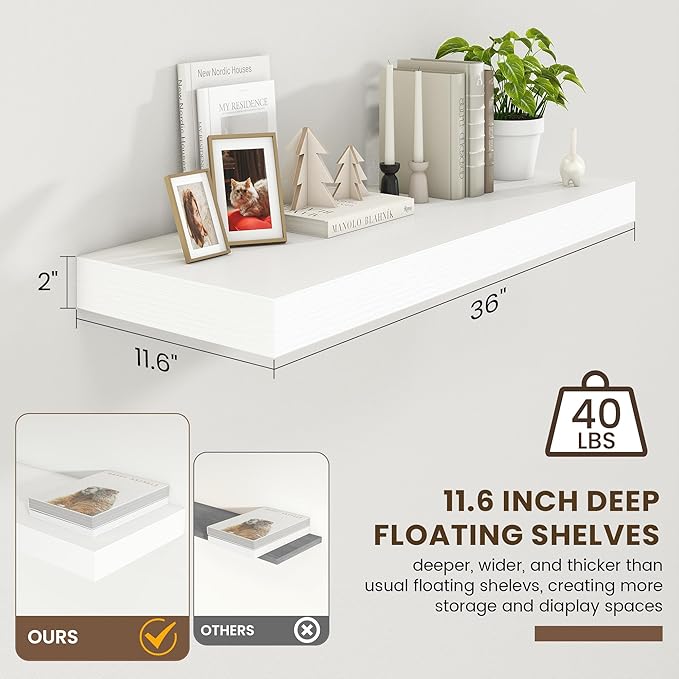 12 Inch Deep Floating Shelves | 36 Inch White Floating Shelves | 36