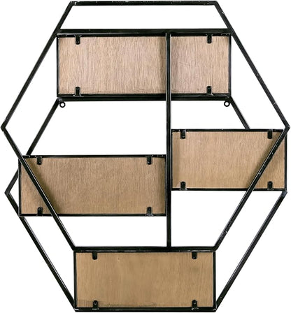 Industrial Style Hexagon-Shaped Wall Shelves, 3 Tier Decorative Floating Ledge Shelves, Wall Mounted Metal Bracket Wooden Display Hanging Shelf