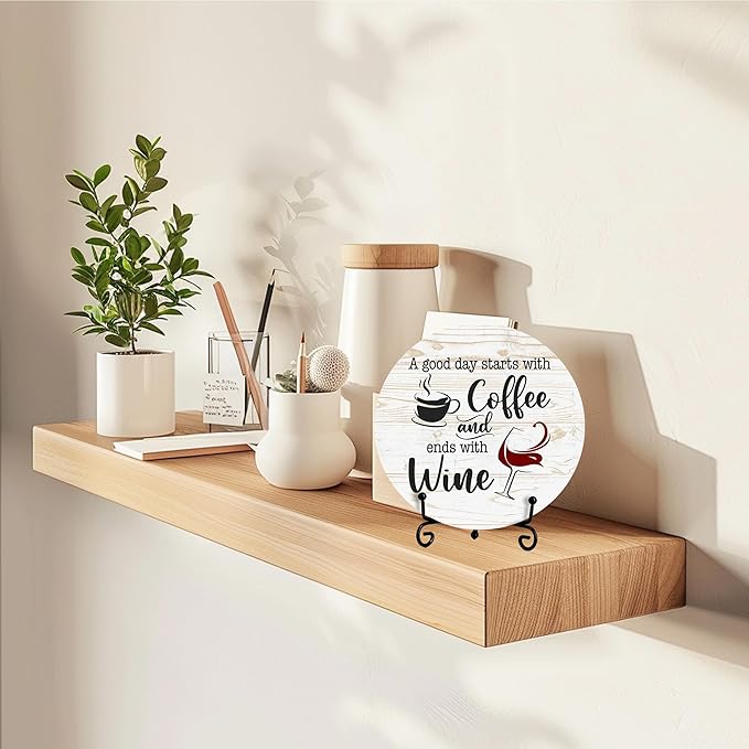 Coffee And Wine Desk Decor Sign, Rustic Funny Wooden Box Plaque, A Good Day Starts With Coffee And Ends With Wine Wood Sign, Decor For Home Kitchen Table Top, Wooden Round With Stand-22