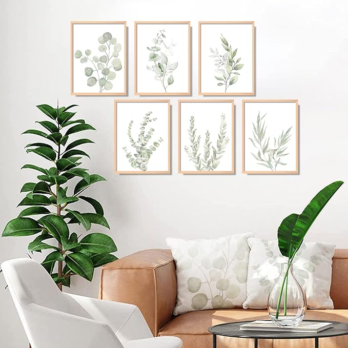 NCYEL Botanical Plant Wall Art Boho Bathroom Decor Wall Art Prints Light Green Eucalyptus Leaf Picture Canvas Wall Art Minimalist Floral Wall Decor for Bedroom Living Room Bathroom Kitchen Unframed