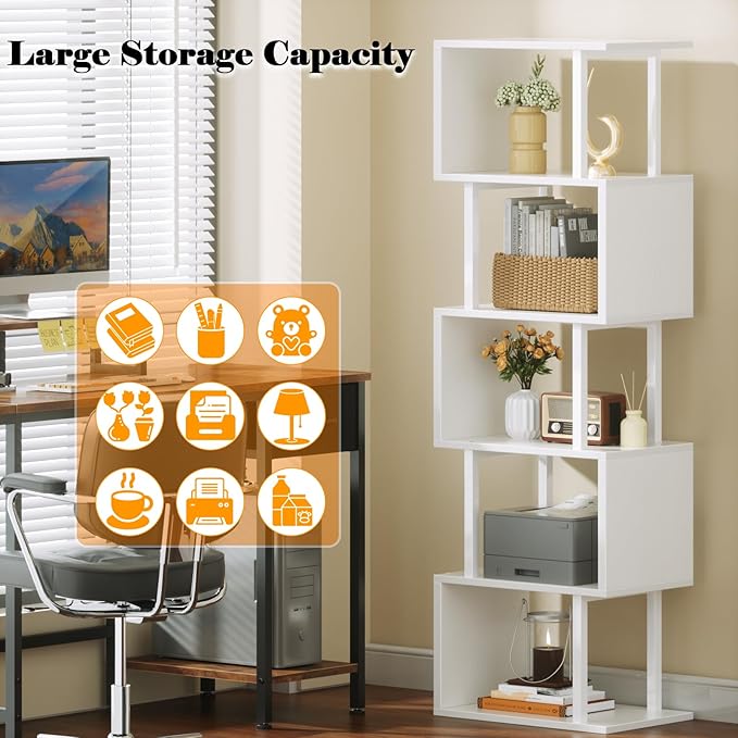 Furologee White Geometric Bookshelf 6 Tier S-Shaped Bookcase, Tall Modern Display Storage Shelf, Metal and Wood Decorative Freestanding Room Divider Shelves for Bedroom, Living Room, Office
