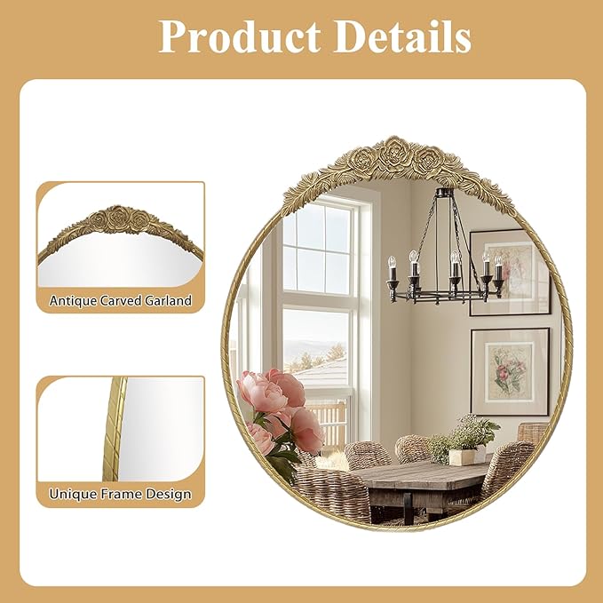 Growsun Round Wall Mirror with Vintage Gold Floral Frame – 28 Inch Decorative Wall Mirror for Living Room, Bedroom, Entryway, Bathroom Vanity – Elegant Antique Accent Home Décor