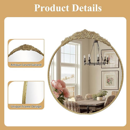 Growsun Round Wall Mirror with Vintage Gold Floral Frame – 28 Inch Decorative Wall Mirror for Living Room, Bedroom, Entryway, Bathroom Vanity – Elegant Antique Accent Home Décor