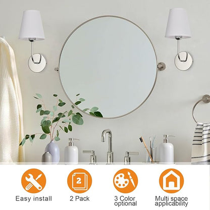 Modern Hardwired Wall Sconces, Set of 2 in Chrome or Polished Nickel with White Fabric Shades,Farmhouse Light, Living Room, Hallway, Bathroom, Vanity, or Staircase. Sleek, Versatile Lighting