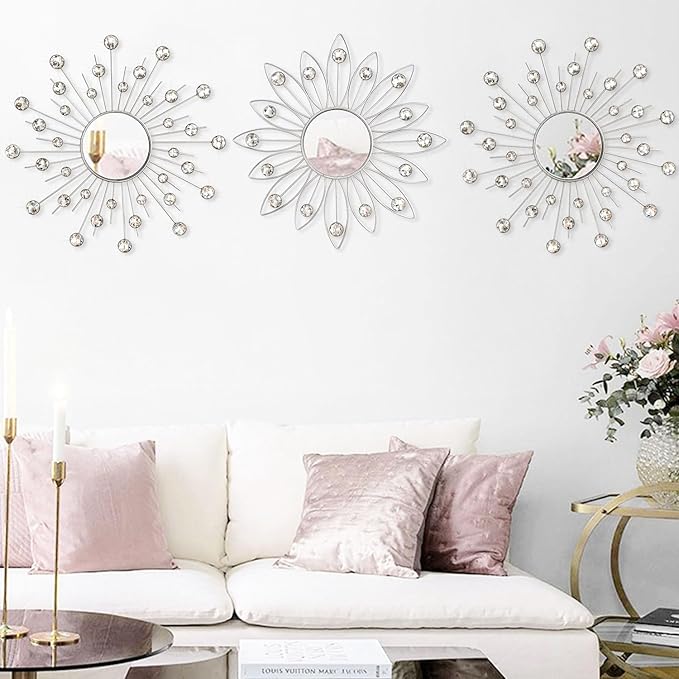 Uaussi 3 Pack Crystal Sunburst Wall Mirror Décor Rhinestone Mirrors Decorative Home Wall Art for Living Room Bedroom Entryway(Flower+Sunburst Silver)