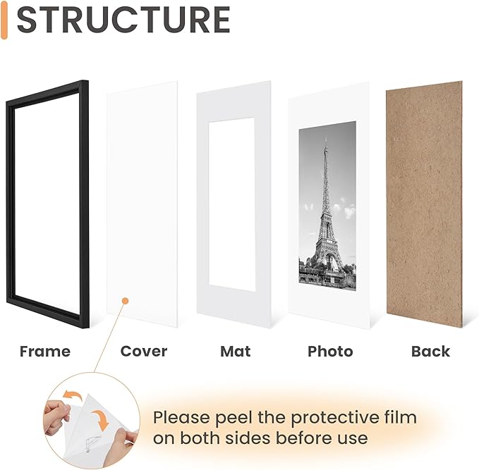 upsimples 8x12 Picture Frame Set of 5, Display Pictures 6x8 with Mat or 8 x 12 Without, Wall Gallery Photo Frames, Black