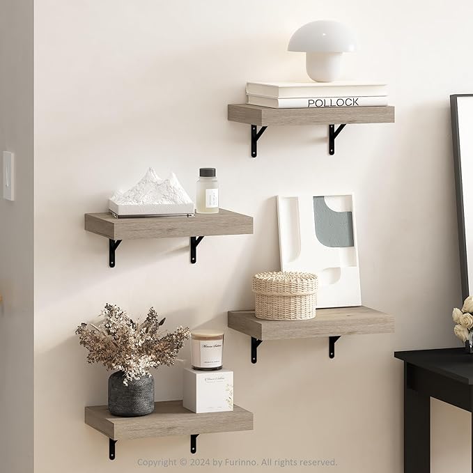 Furinno Tanna Floating Shelves for Wall Set of 4, 15-Inch Wall Shelf, Triple Thick Floating Mounted Shelf, for Bathroom, Home Office, Living Room, Natural