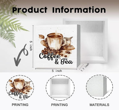 Coffee and Tea Bar Decor Wooden Sign,Tea Bar Accessories Home Office Tabletop Shelf Decor, Gifts for Coffee Lovers Women,5x5